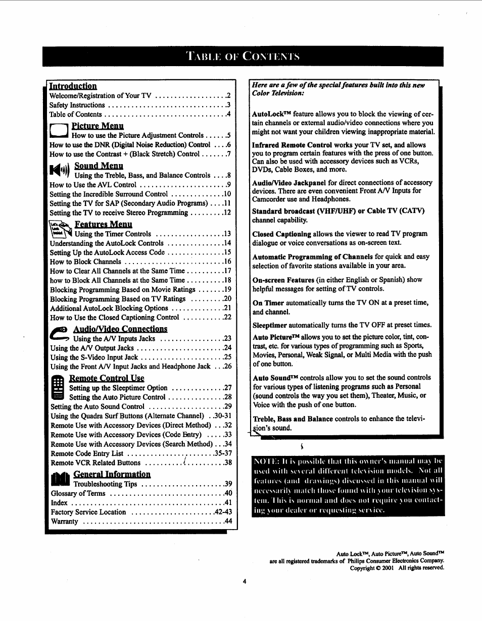 Introduction, Picture menu, Features menu | Audioaldeo connections, Remote control use, General information | Philips 19PS50S99 User Manual | Page 7 / 50