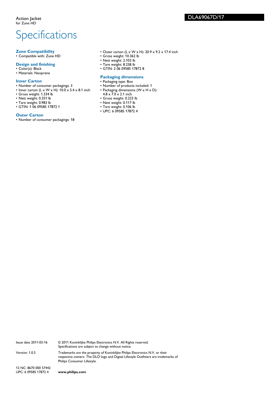 Specifications | Philips DLA69067D-17 User Manual | Page 2 / 2