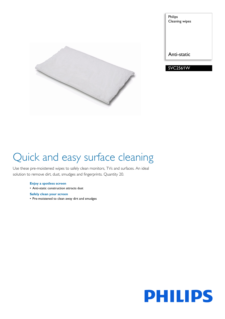 Philips Cleaning wipes SVC2561W Anti-static User Manual | 2 pages