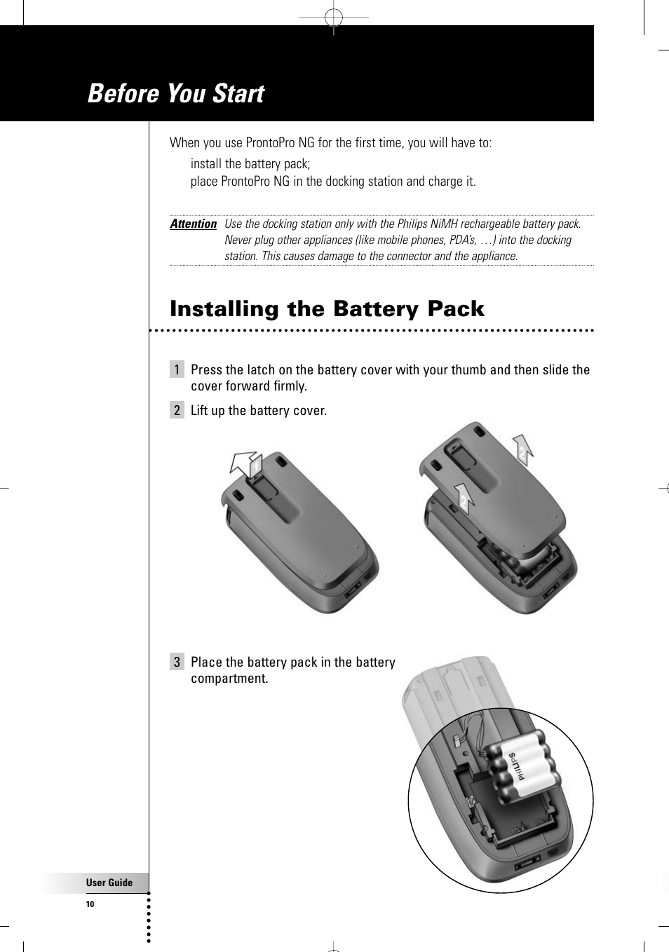 Before you start, Installing the battery pack | Philips TSU7000-37 User Manual | Page 10 / 70