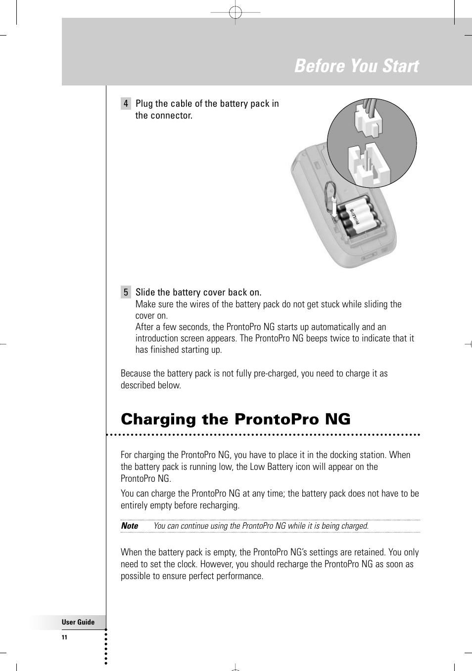 Before you start, Charging the prontopro ng | Philips TSU7000-37 User Manual | Page 11 / 70