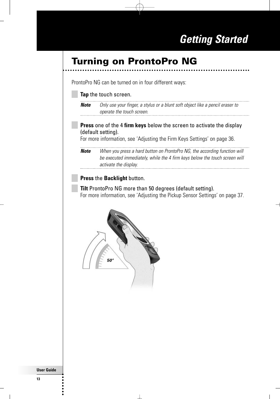 Getting started, Turning on prontopro ng | Philips TSU7000-37 User Manual | Page 13 / 70