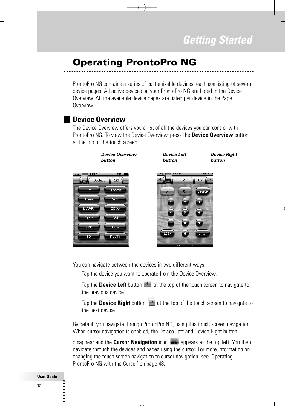 Getting started, Operating prontopro ng, Device overview | Philips TSU7000-37 User Manual | Page 17 / 70