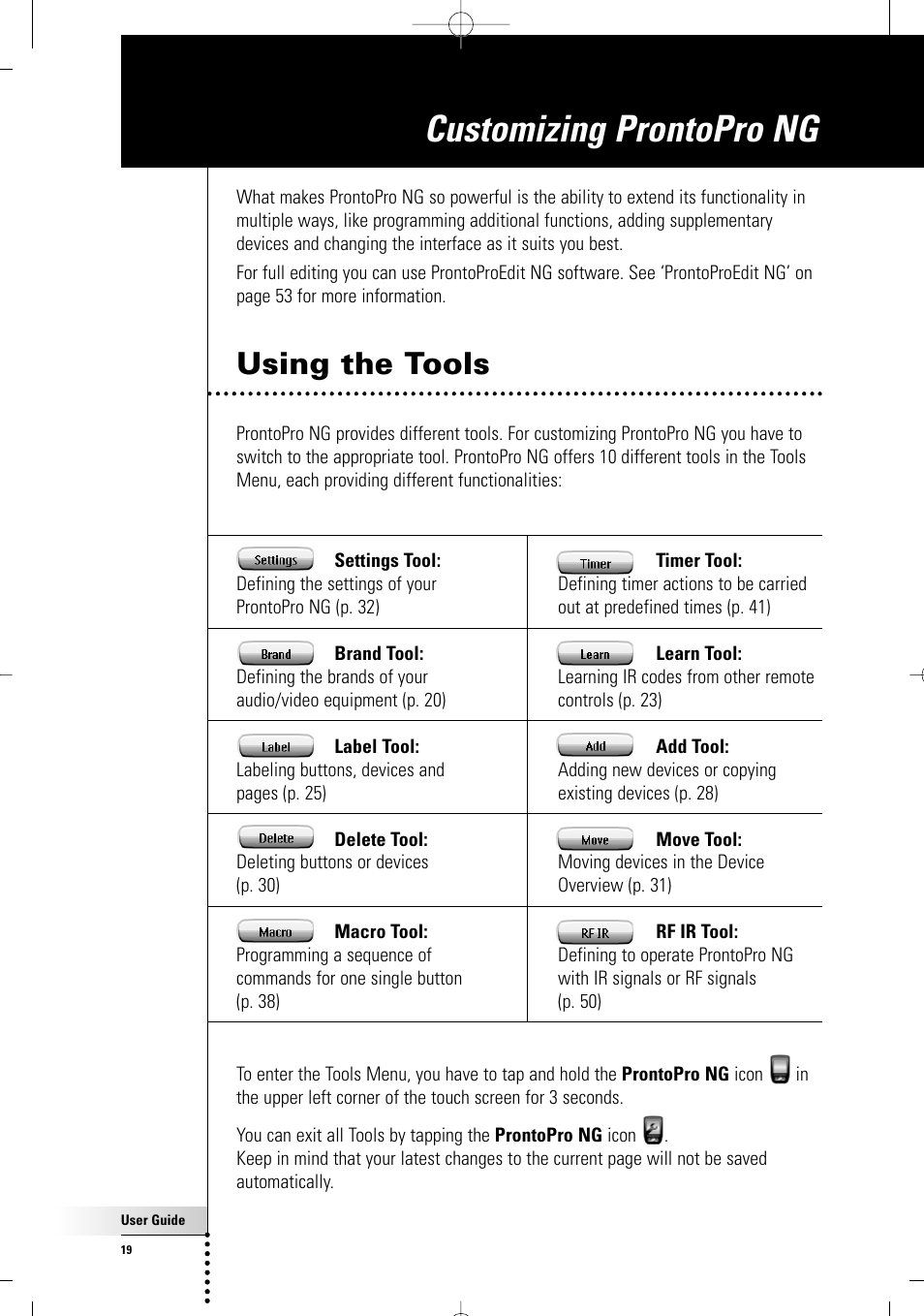 Customizing prontopro ng, Using the tools | Philips TSU7000-37 User Manual | Page 19 / 70