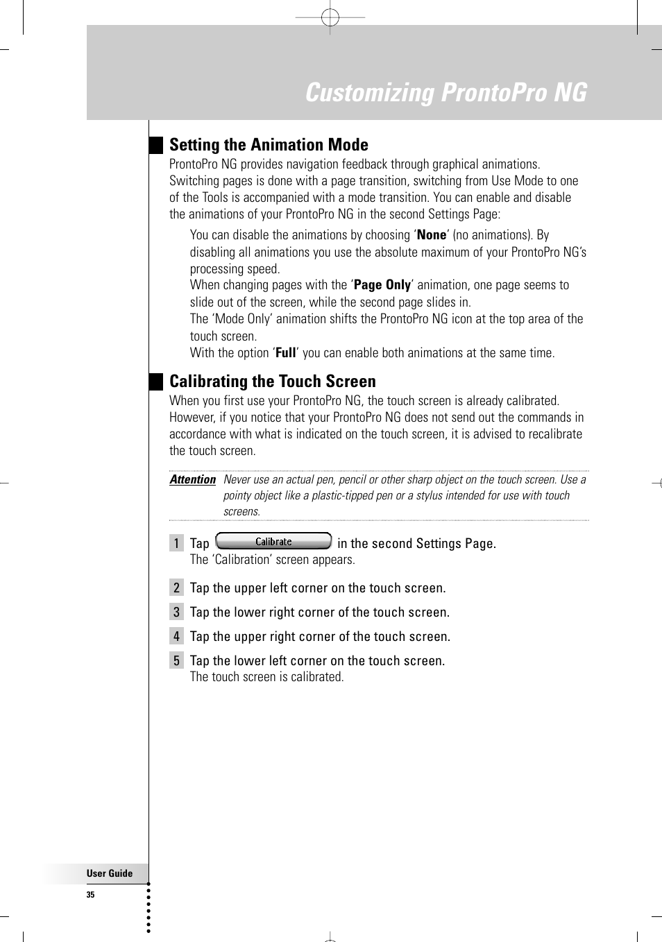 Customizing prontopro ng, Setting the animation mode, Calibrating the touch screen | Philips TSU7000-37 User Manual | Page 35 / 70