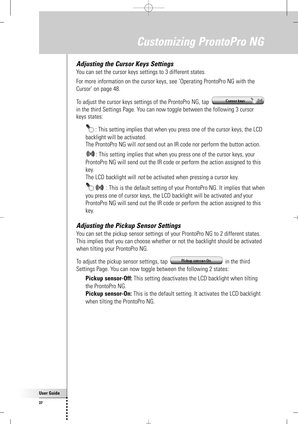 Customizing prontopro ng, Adjusting the cursor keys settings, Adjusting the pickup sensor settings | Philips TSU7000-37 User Manual | Page 37 / 70