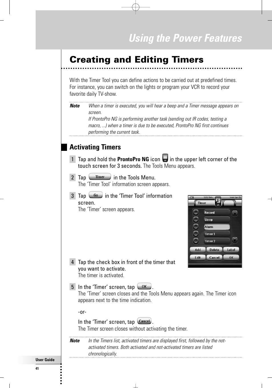 Using the power features, Creating and editing timers, Activating timers | Philips TSU7000-37 User Manual | Page 41 / 70