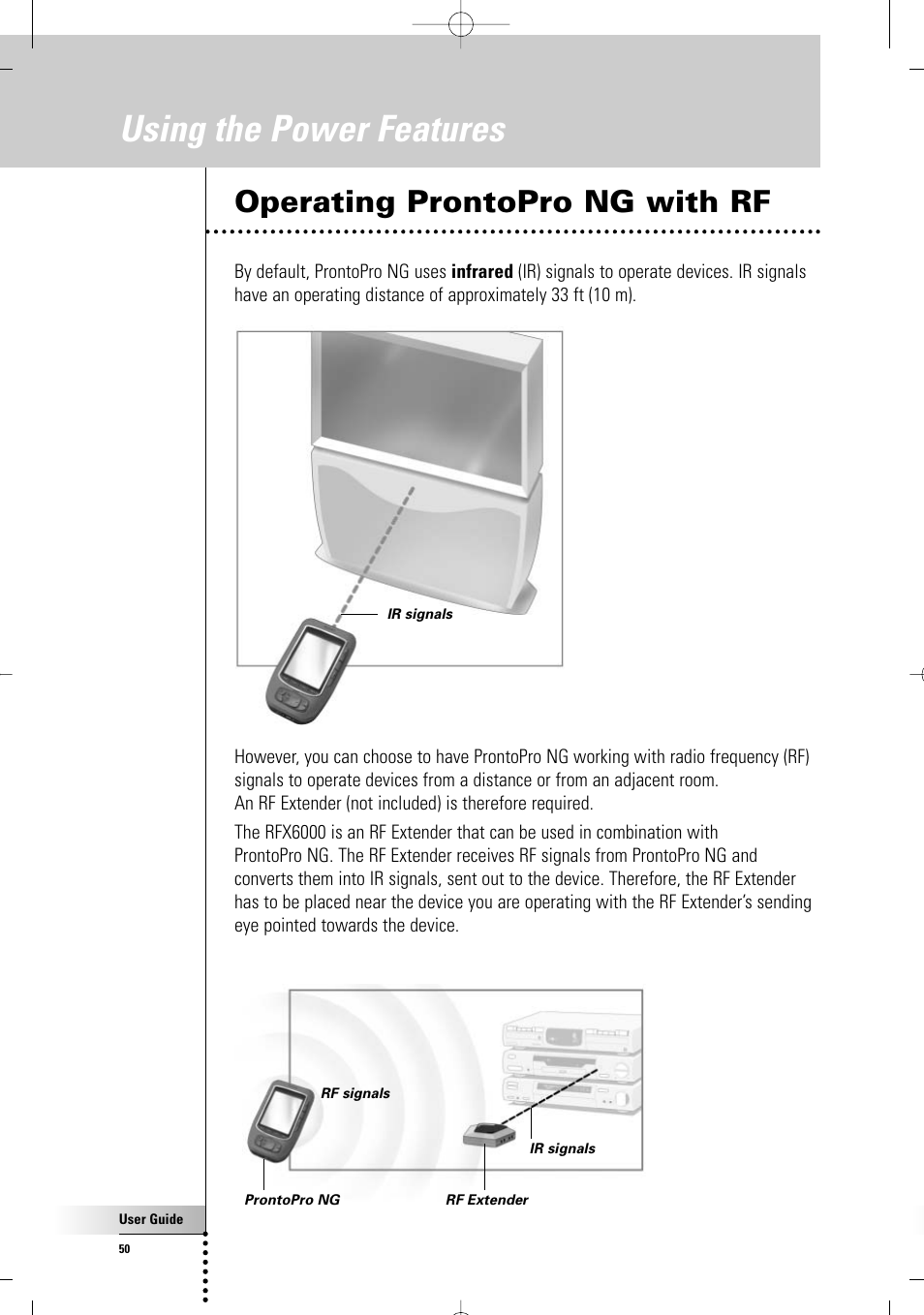 Using the power features, Operating prontopro ng with rf | Philips TSU7000-37 User Manual | Page 50 / 70