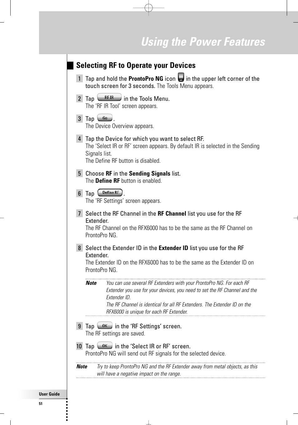 Using the power features, Selecting rf to operate your devices | Philips TSU7000-37 User Manual | Page 51 / 70