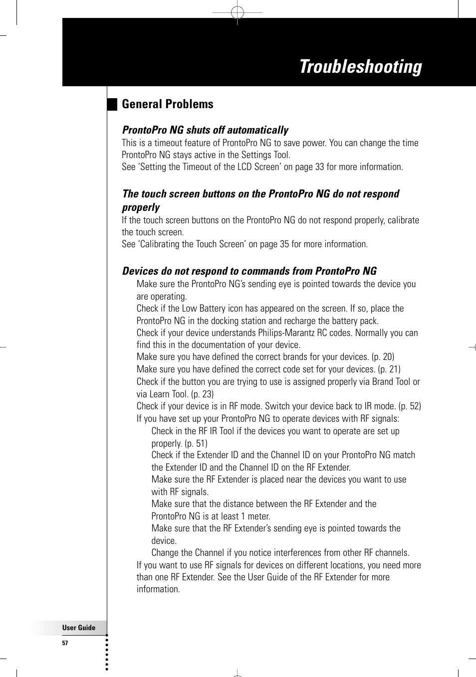 Troubleshooting, General problems, Prontopro ng shuts off automatically | Philips TSU7000-37 User Manual | Page 57 / 70