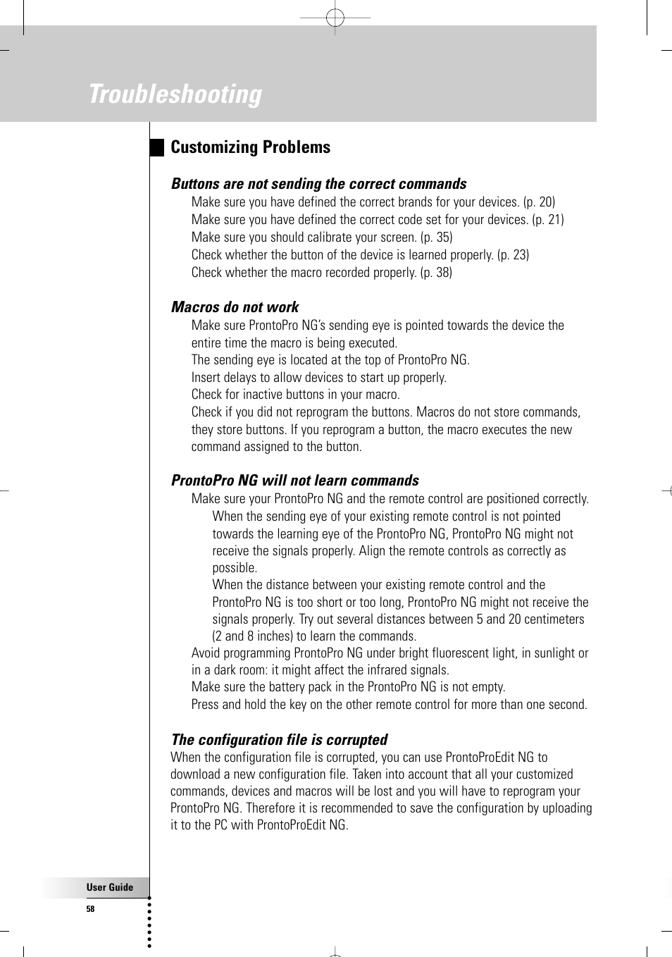 Troubleshooting, Customizing problems, Buttons are not sending the correct commands | Macros do not work, Prontopro ng will not learn commands, The configuration file is corrupted | Philips TSU7000-37 User Manual | Page 58 / 70