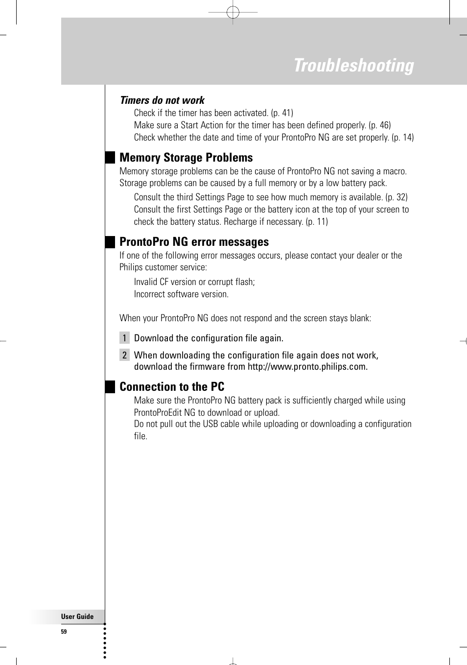 Troubleshooting, Prontopro ng error messages, Connection to the pc | Timers do not work | Philips TSU7000-37 User Manual | Page 59 / 70