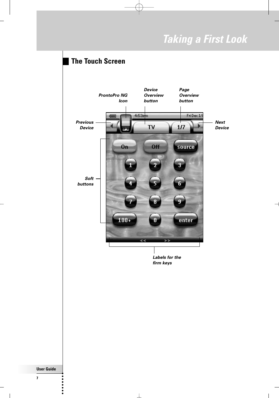 Taking a first look, The touch screen | Philips TSU7000-37 User Manual | Page 7 / 70