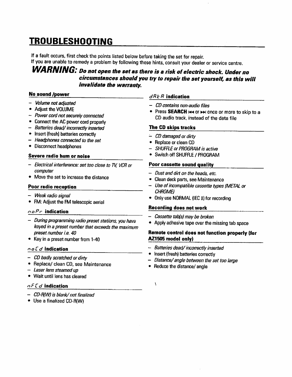 No sound /power, Severe radio hum or noise, Poor radio reception | Nopr indication, Nacd indication, Tpcd indication, The cp skips tracks, Recording does not work, Troubleshooting, Warning | Philips AZ150517 User Manual | Page 12 / 14