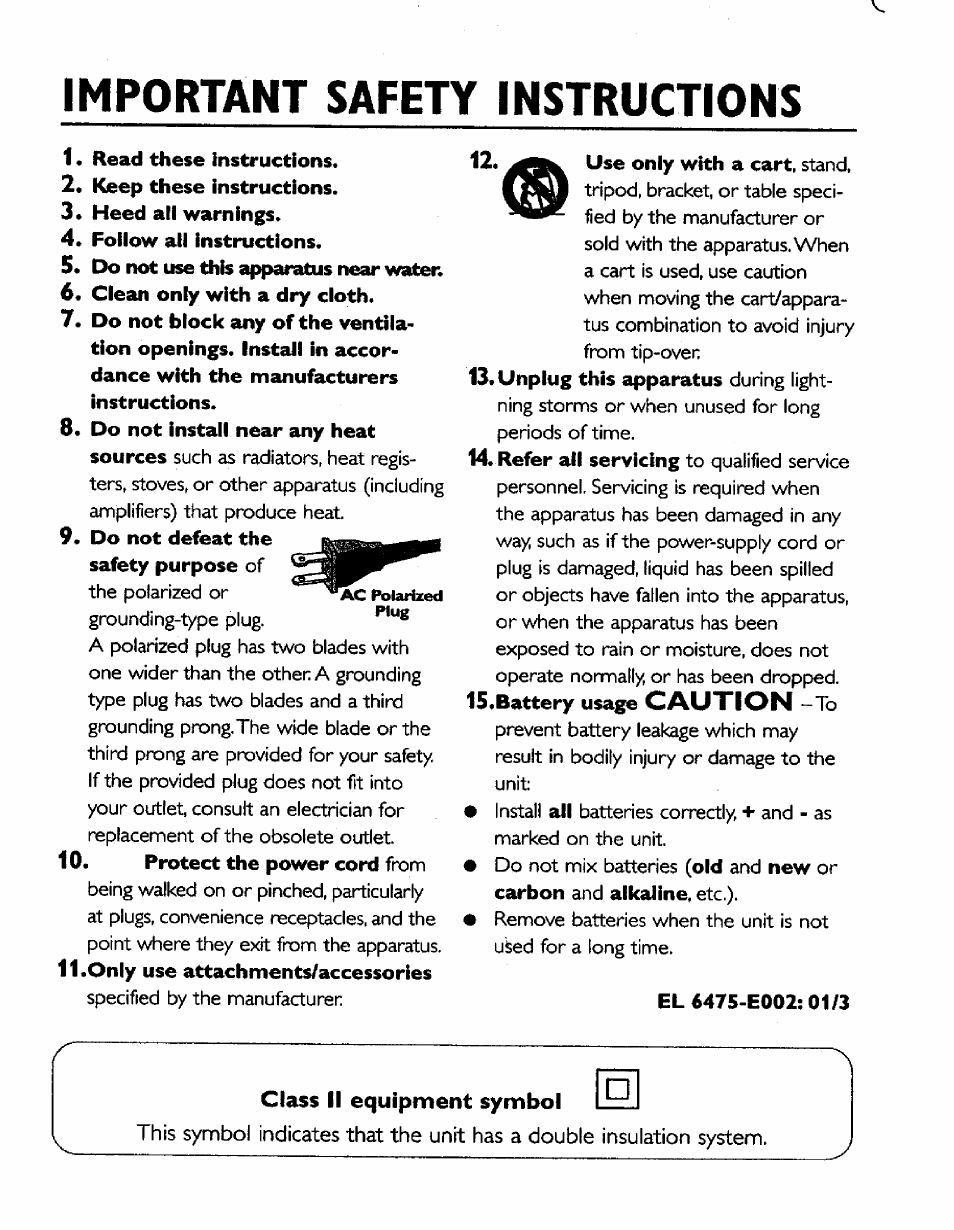 Important safety instructions, Class ii equipment symbol | Philips AZ150517 User Manual | Page 4 / 14