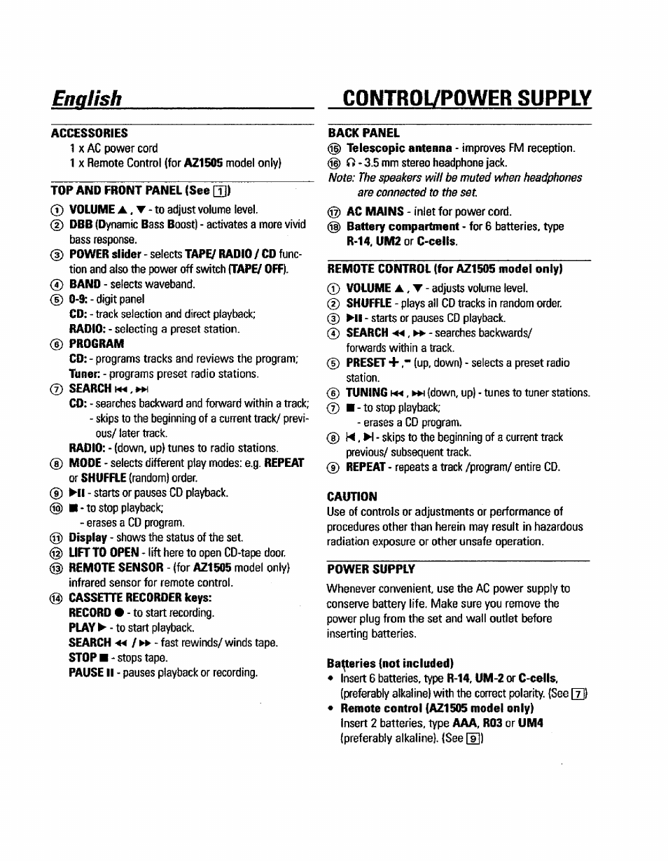 Control/power supply, Accessories, Top and front panel (see [t]) | Back panel, Remote control (for az1505 model only), Caution, Power supply, Bakeries (not included), English | Philips AZ150517 User Manual | Page 7 / 14