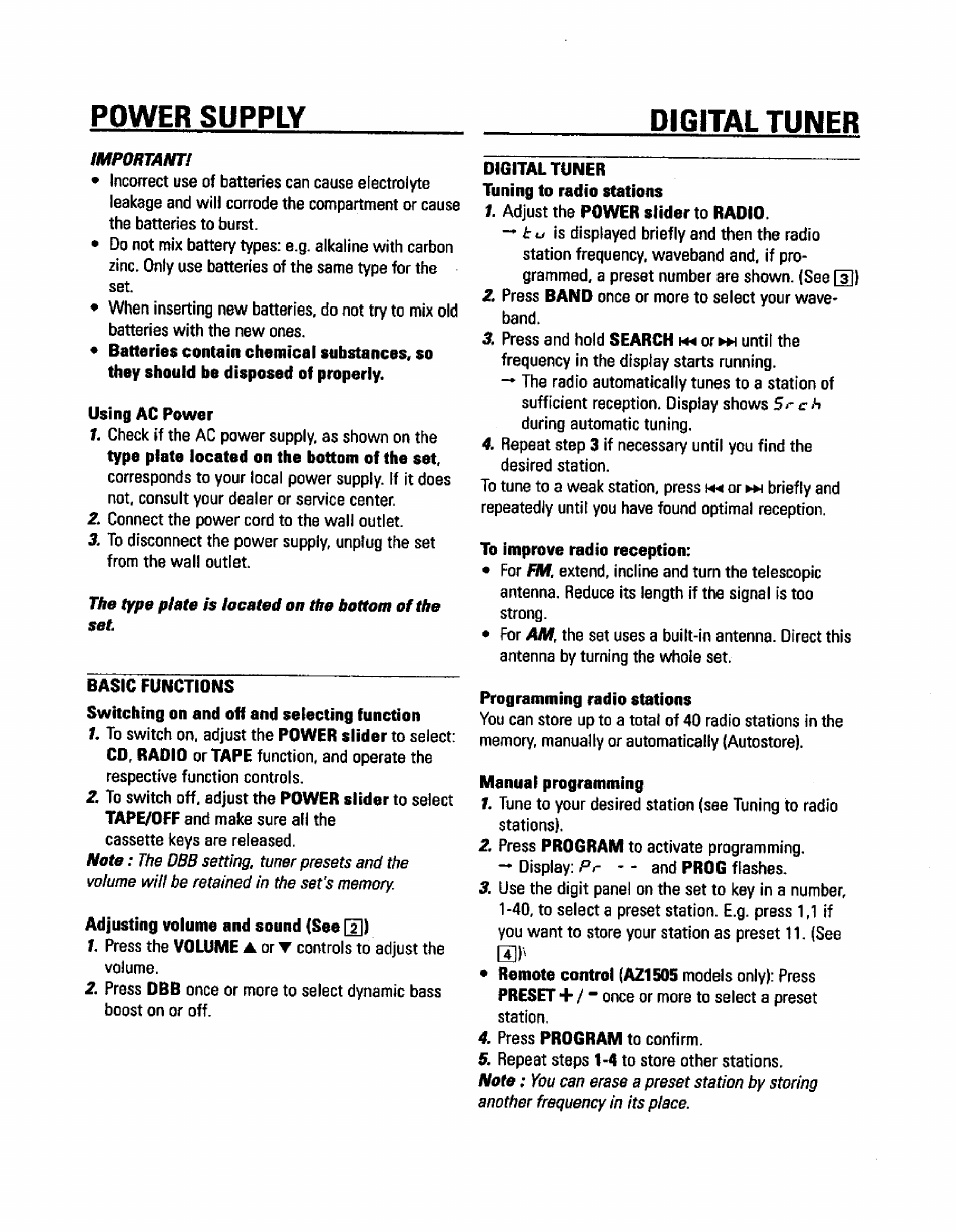 Digital tuner, Using ac power, Basic functions | Adjusting volume and sound {see |t|), To improve radio reception, Programming radio stations, Manual programming, Power supply digital tuner | Philips AZ150517 User Manual | Page 8 / 14
