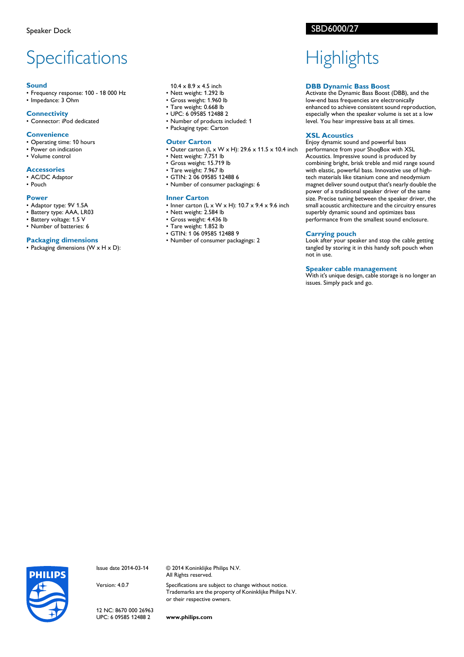 Specifications, Highlights | Philips SBD6000-27 User Manual | Page 2 / 2