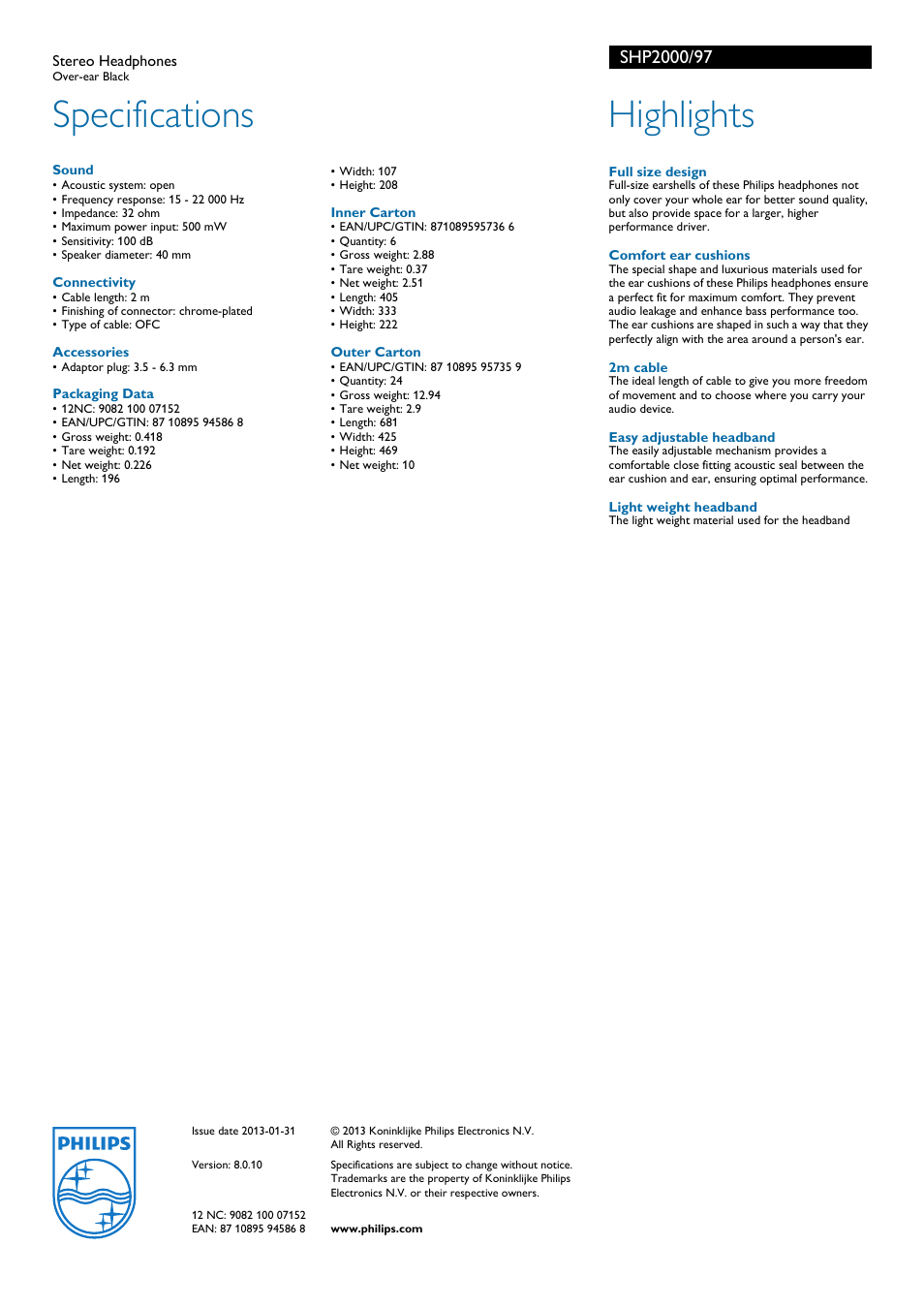 Specifications, Highlights | Philips SHP2000-97 User Manual | Page 2 / 2