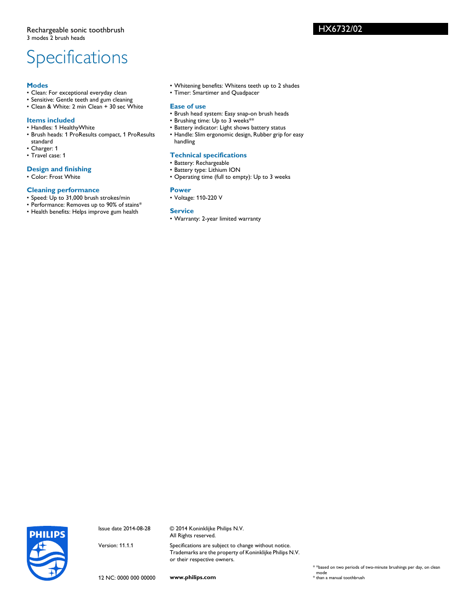 Specifications | Philips HX6732-02 User Manual | Page 3 / 3