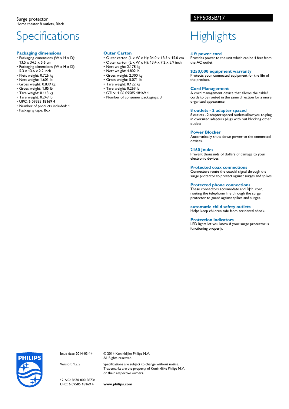 Specifications, Highlights | Philips SPP5085B-17 User Manual | Page 2 / 2