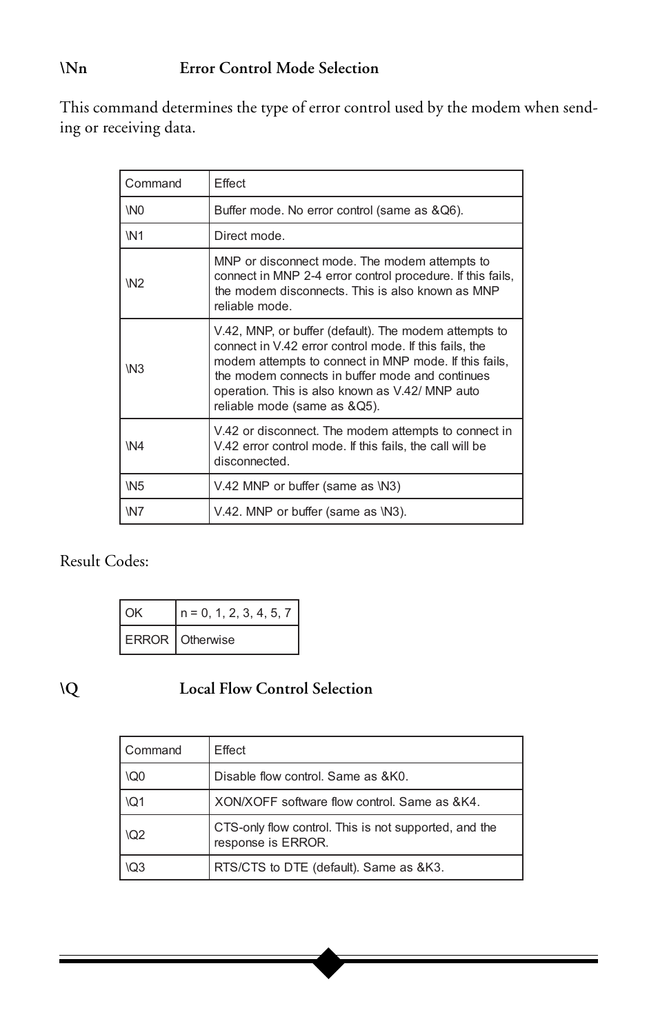 Result codes, Q local flow control selection | Actiontec electronic IS560LH User Manual | Page 58 / 77