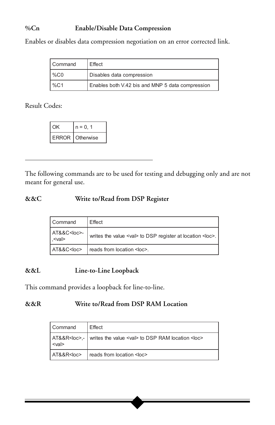 At commands for testing and debugging, Result codes | Actiontec electronic IS560LH User Manual | Page 62 / 77