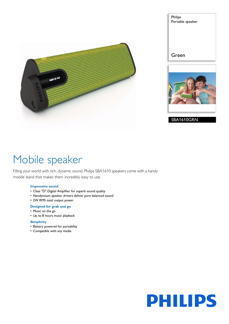 Philips SBA1610GRN-37 User Manual | 2 pages