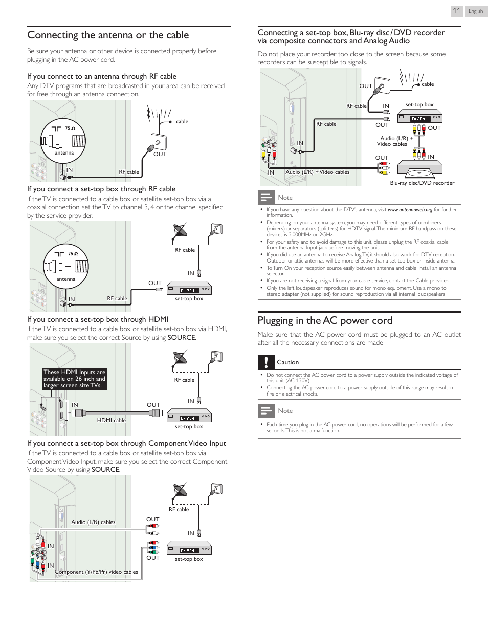 Connecting the antenna or the cable, Plugging in the ac power cord, Connectingtheantennaorthecable | Pluggingintheacpowercord | Philips 22PFL4507-F7 User Manual | Page 11 / 38