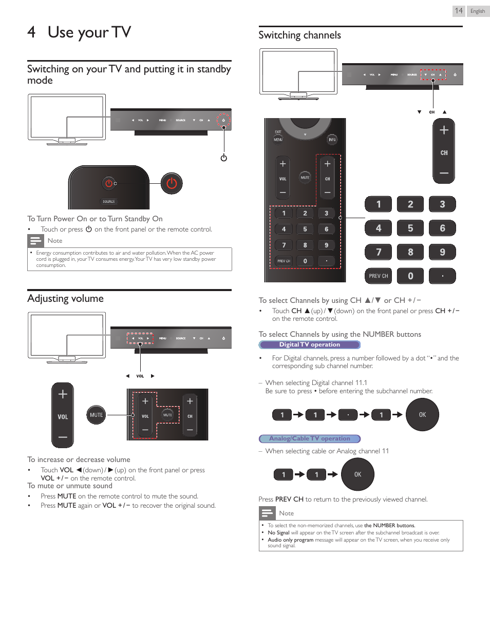 4 use your tv, Adjusting volume, Switching channels | Adjustingvolume, Switchingchannels | Philips 22PFL4507-F7 User Manual | Page 14 / 38