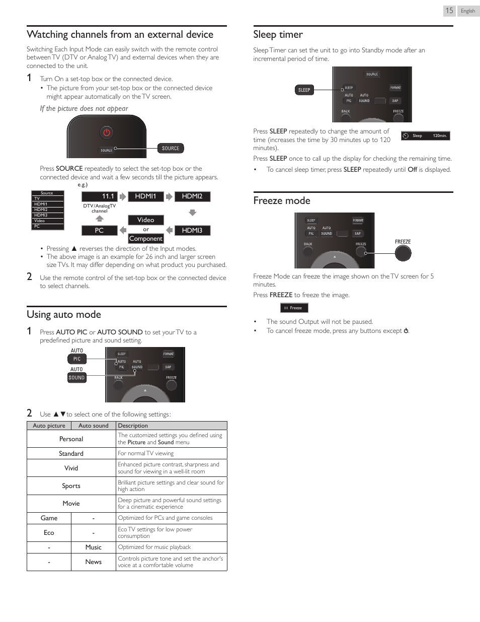 Watching channels from an external device, Using auto mode, Sleep timer | Freeze mode, Watchingchannelsfromanexternaldevice, Usingautomode, Sleeptimer, Freezemode, Using auto mode 1 | Philips 22PFL4507-F7 User Manual | Page 15 / 38