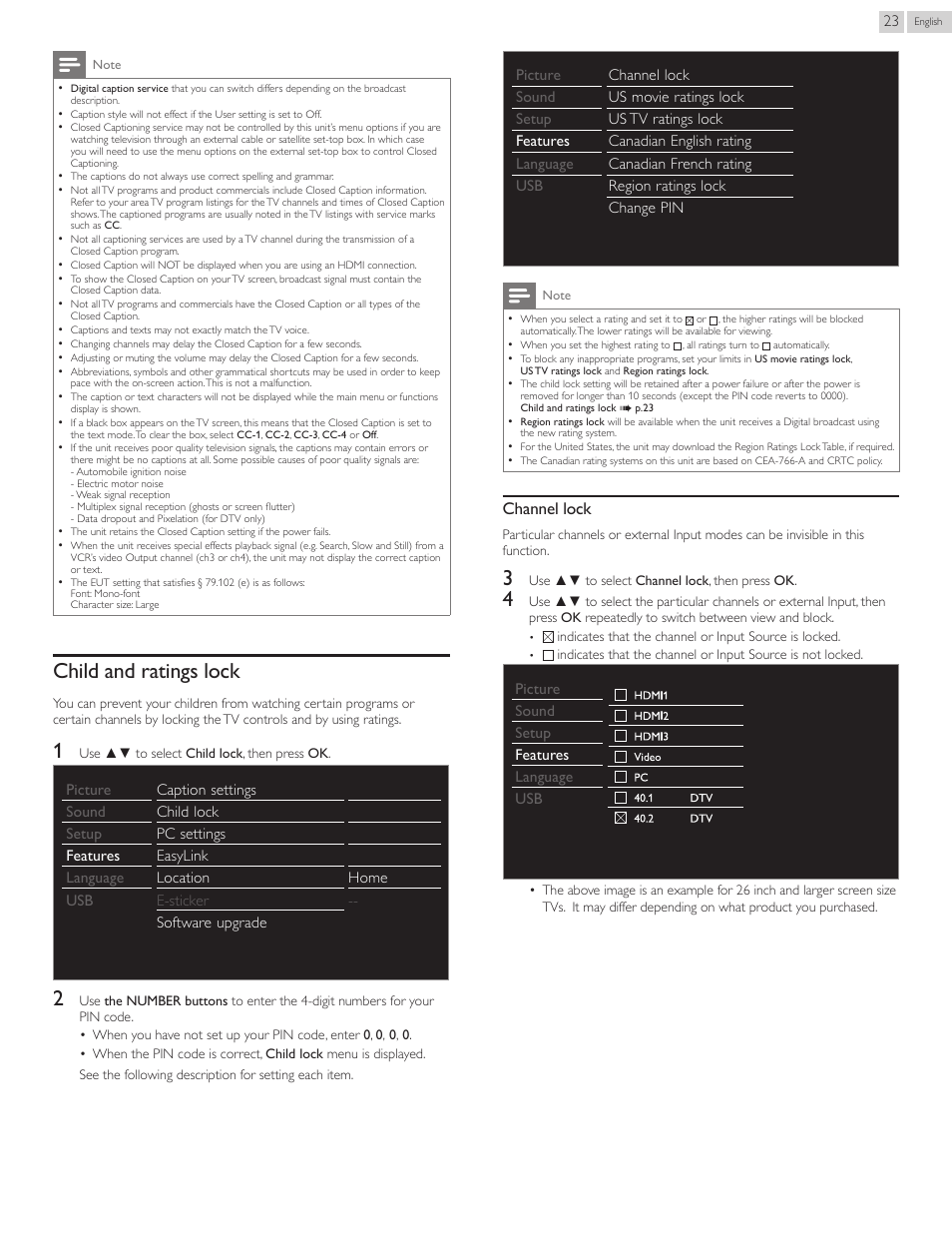 Child and ratings lock, Childandratingslock, Channel lock | Philips 22PFL4507-F7 User Manual | Page 23 / 38