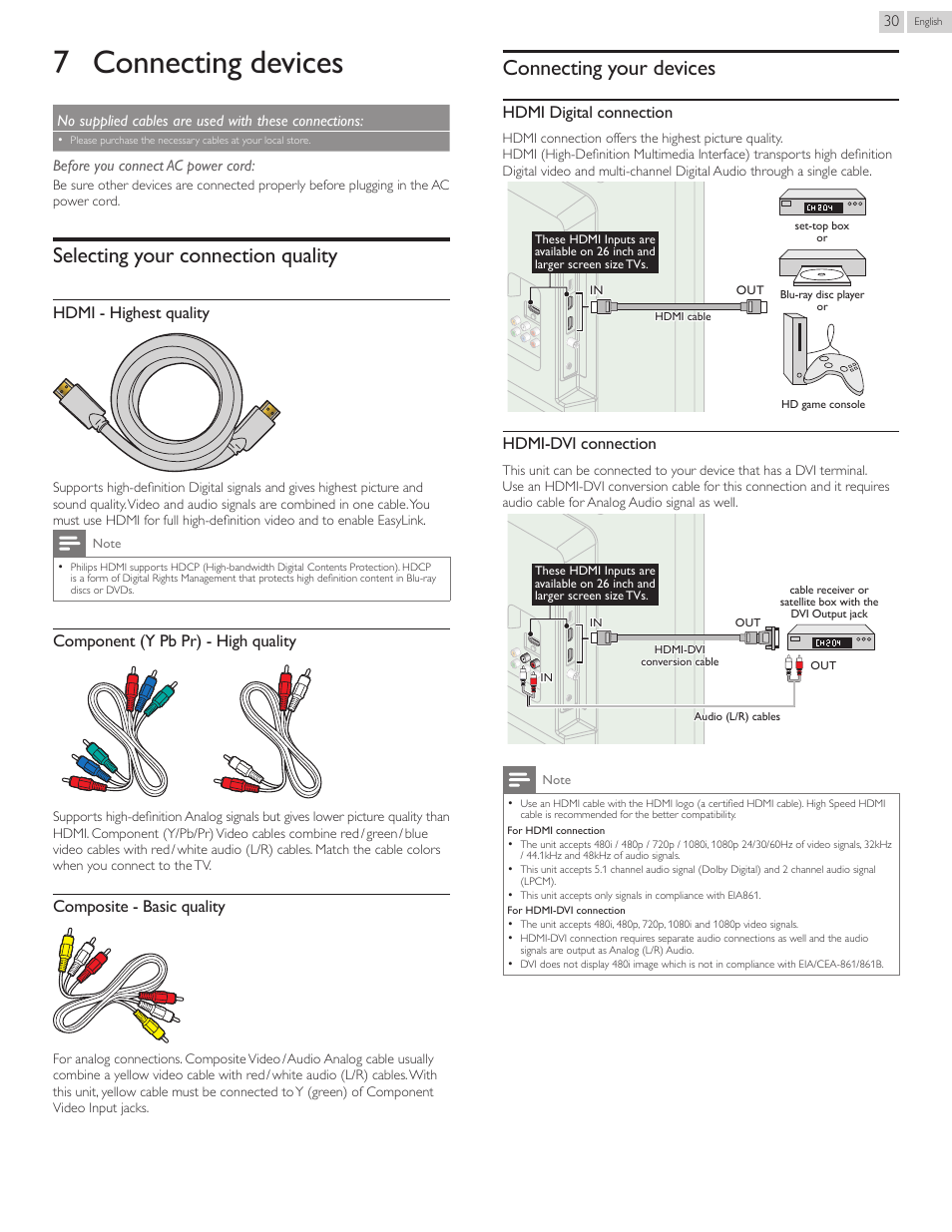 7 connecting devices, Selecting your connection quality, Connecting your devices | Selectingyourconnectionquality, Connectingyourdevices, Hdmi - highest quality, Component (y pb pr) - high quality, Composite - basic quality, Hdmi digital connection, Hdmi-dvi connection | Philips 22PFL4507-F7 User Manual | Page 30 / 38