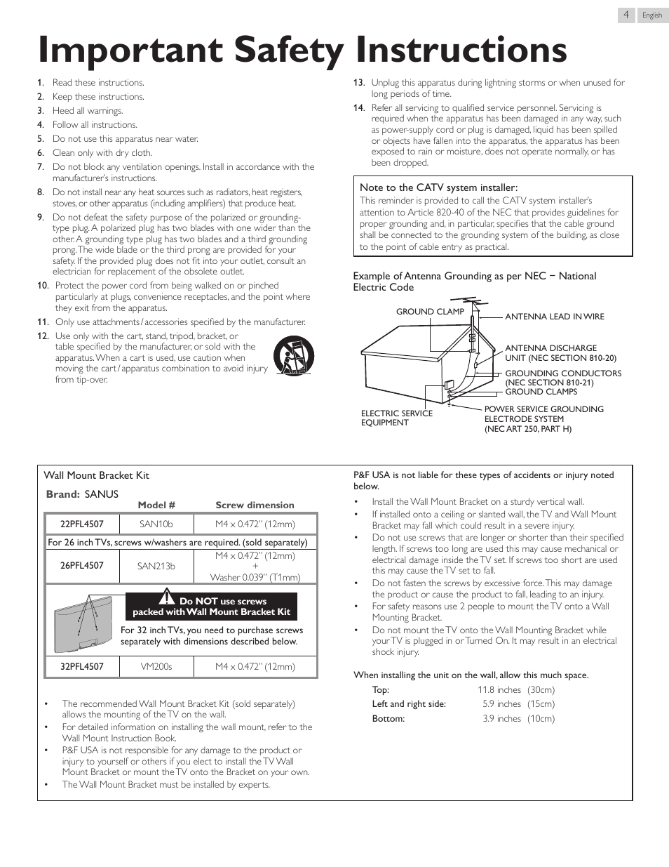 Important safety instructions | Philips 22PFL4507-F7 User Manual | Page 4 / 38