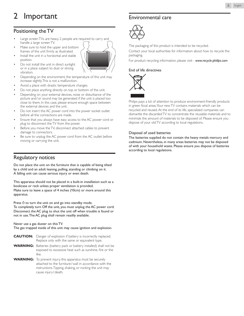 2 important, Positioning the tv, Regulatory notices | Environmental care, Positioningthetv, Regulatorynotices, Environmentalcare | Philips 22PFL4507-F7 User Manual | Page 6 / 38