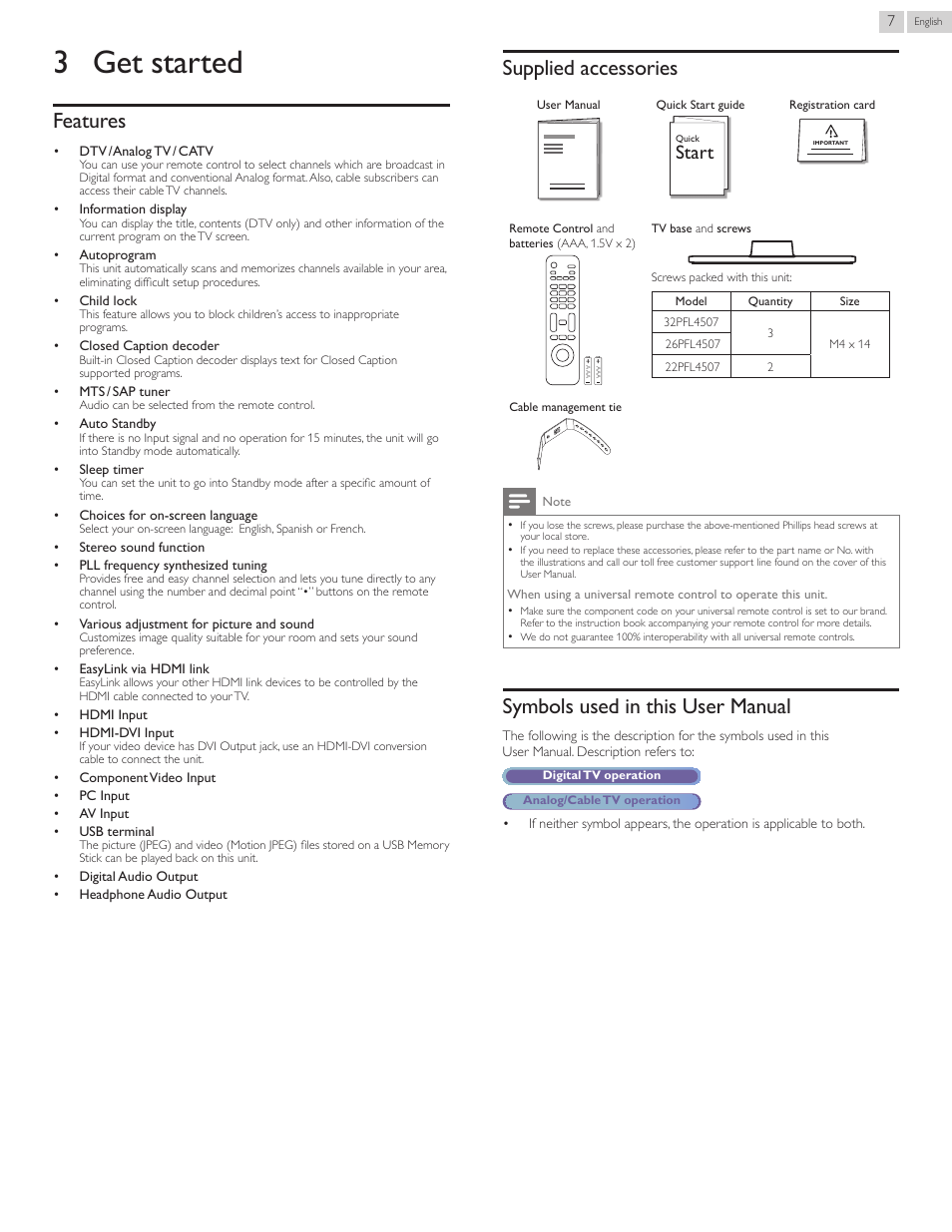 3 get started, Features, Supplied accessories | Symbols used in this user manual, Suppliedaccessories, Symbolsusedinthisusermanual, Start | Philips 22PFL4507-F7 User Manual | Page 7 / 38