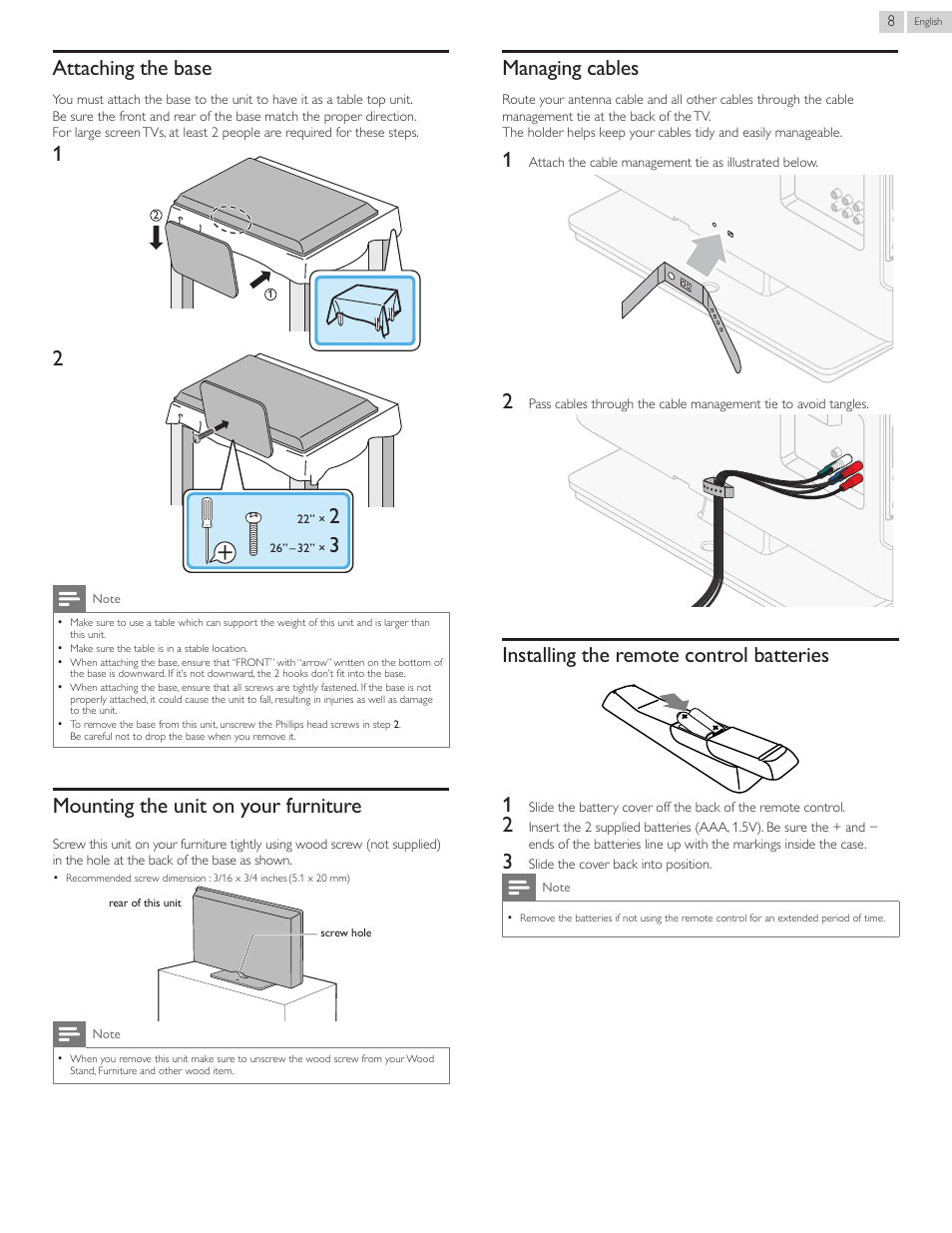 Attaching the base, Mounting the unit on your furniture, Managing cables | Installing the remote control batteries, Attachingthebase, Mountingtheunitonyourfurniture, Managingcables, Installingtheremotecontrolbatteries, Installing the remote control batteries 1 | Philips 22PFL4507-F7 User Manual | Page 8 / 38