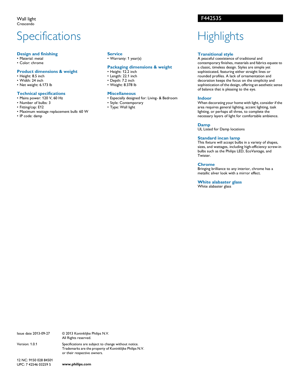Specifications, Highlights | Philips F442535 User Manual | Page 2 / 2