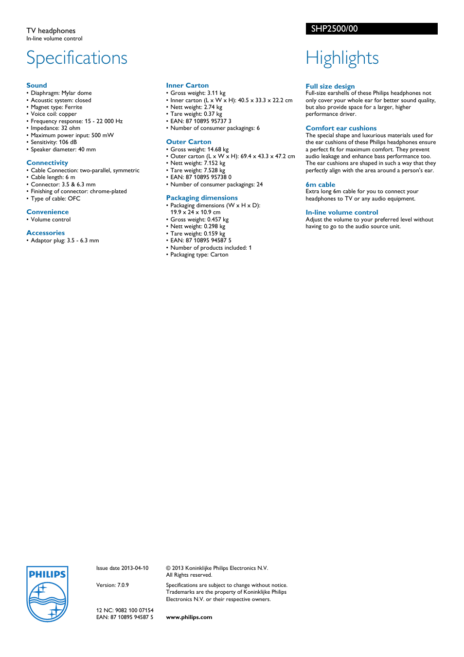 Specifications, Highlights | Philips SHP2500-00 User Manual | Page 2 / 2