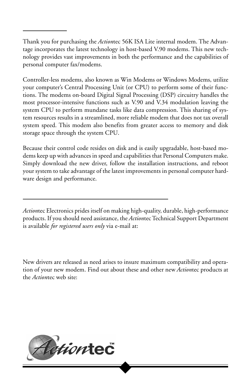 Introduction, Contacting actiontec customer support | Actiontec electronic 56K ISA Lite User Manual | Page 3 / 41
