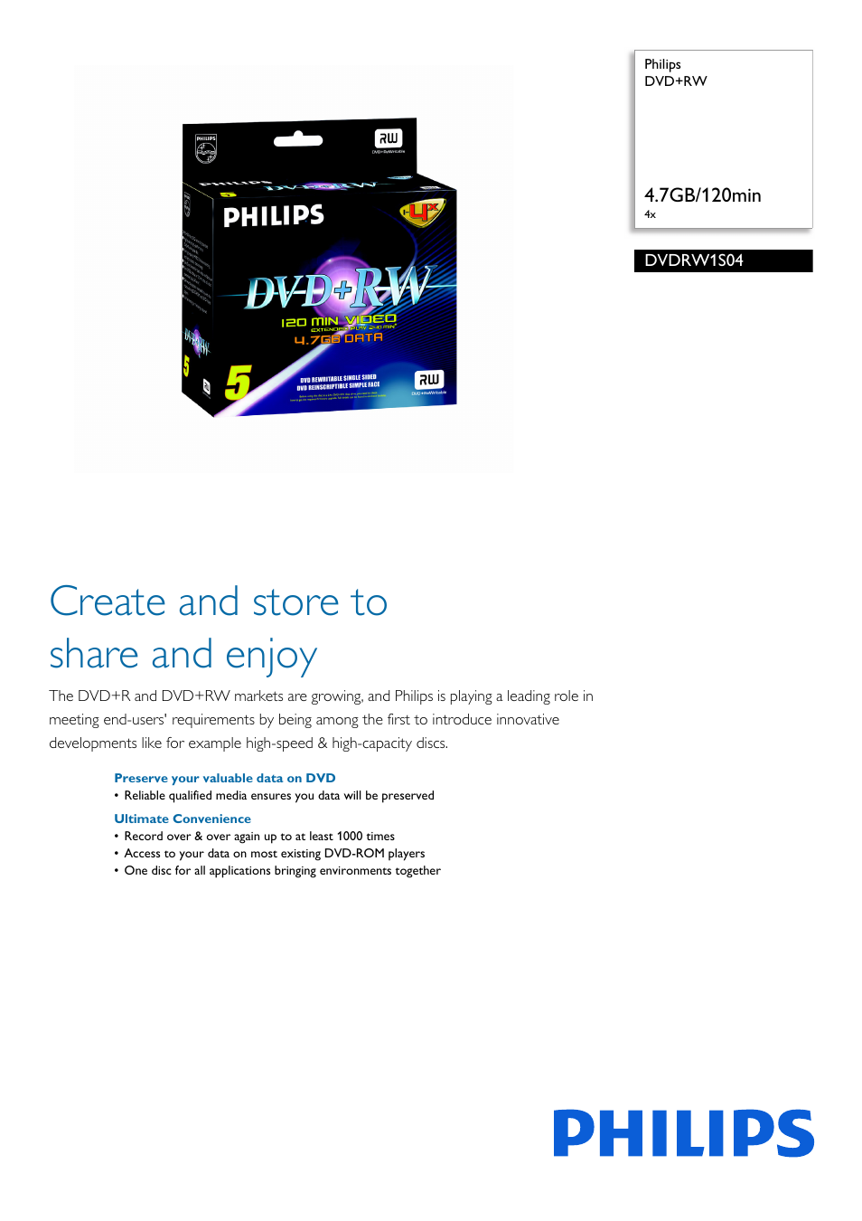 Philips DVDRW1S04-521 User Manual | 2 pages