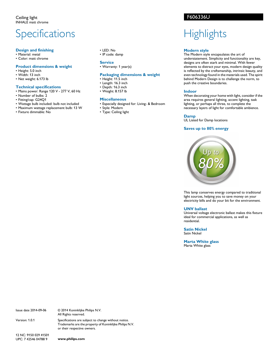 Specifications, Highlights | Philips F606336U User Manual | Page 2 / 2