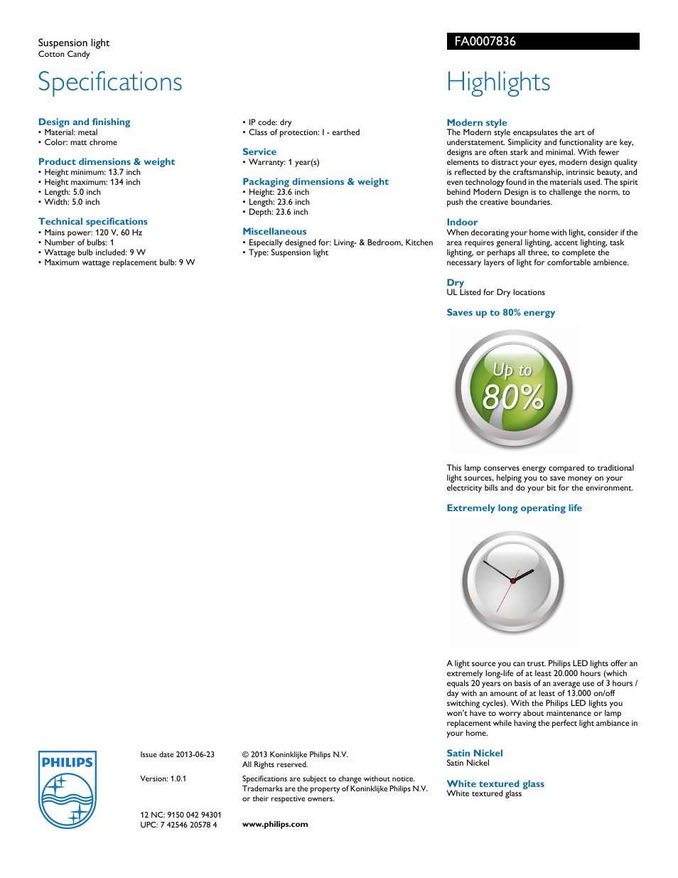 Specifications, Highlights | Philips FA0007836 User Manual | Page 2 / 2