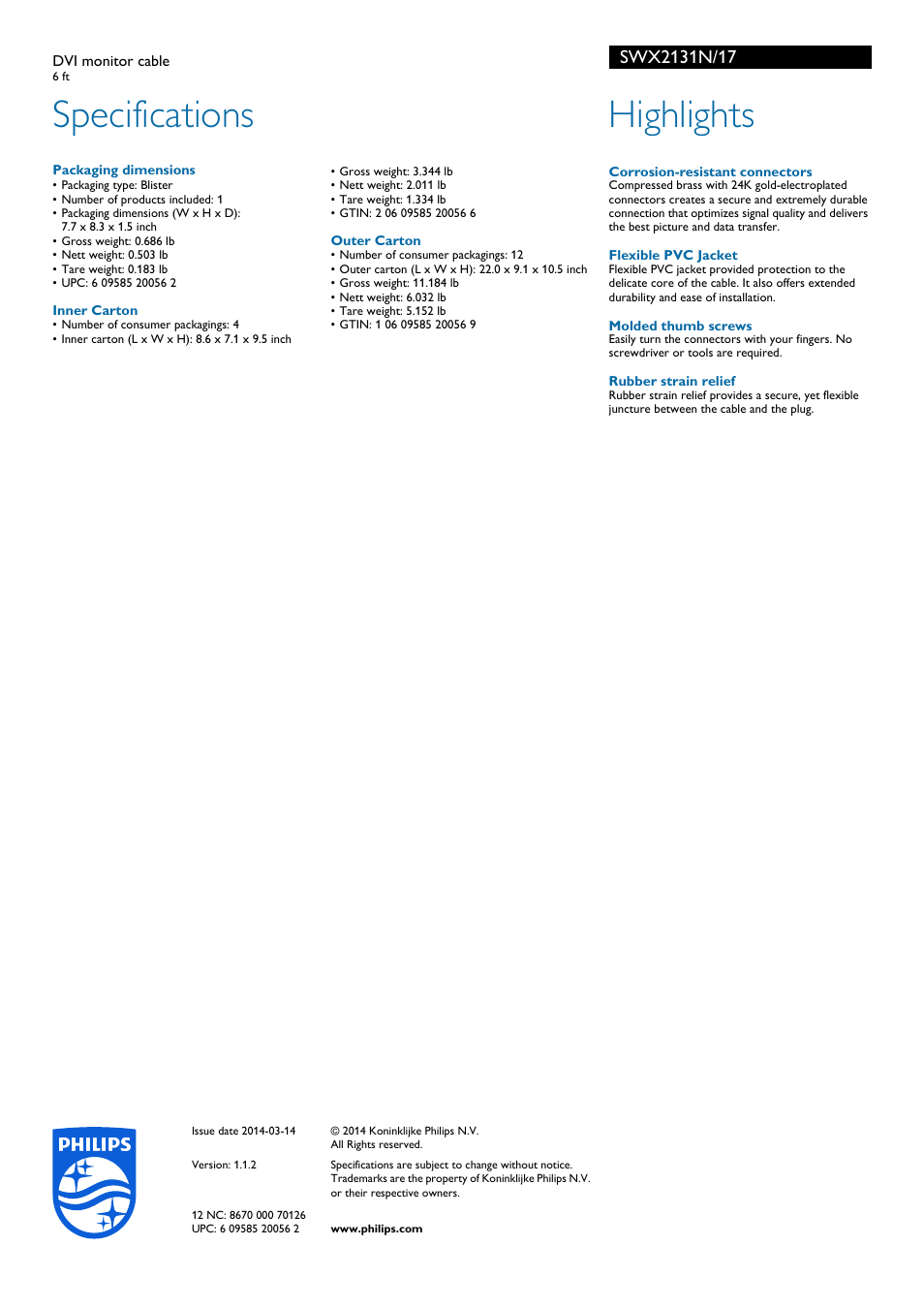 Specifications, Highlights | Philips SWX2131N-17 User Manual | Page 2 / 2