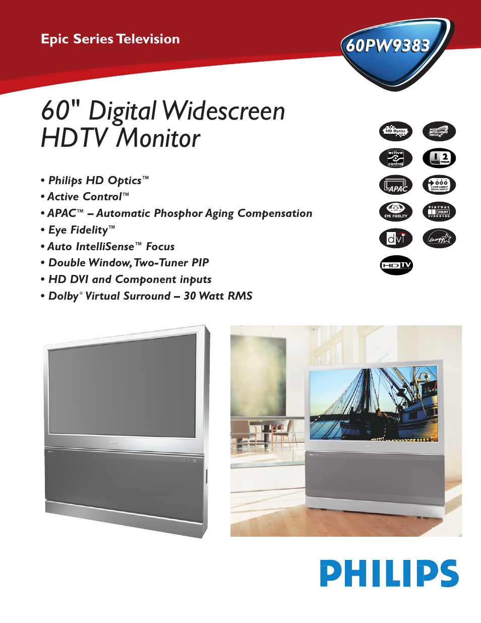 Philips 60 in Digital Widescreen HDTV Monitor User Manual | 2 pages