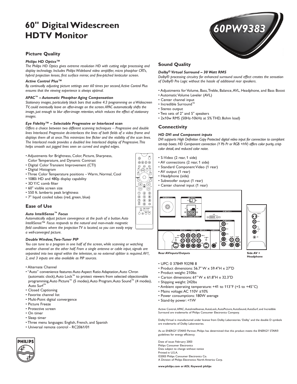 60" digital widescreen hdtv monitor | Philips 60 in Digital Widescreen HDTV Monitor User Manual | Page 2 / 2