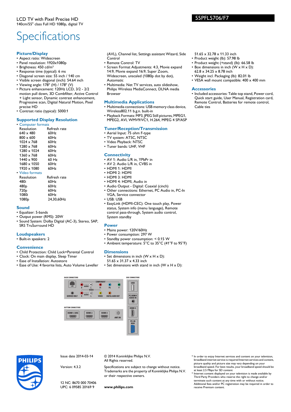 Specifications | Philips 55PFL5706-F7 User Manual | Page 3 / 3