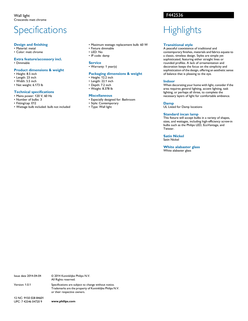 Specifications, Highlights | Philips F442536 User Manual | Page 2 / 2