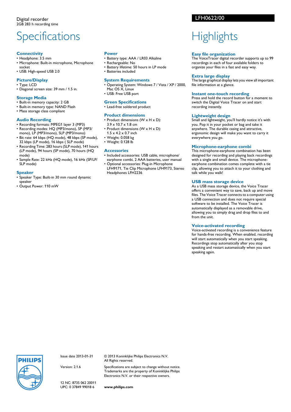 Specifications, Highlights | Philips LFH0622-00 User Manual | Page 2 / 2