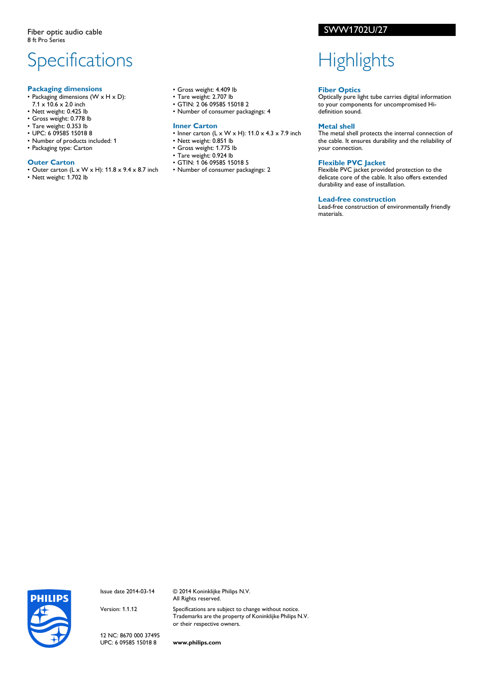 Specifications, Highlights | Philips SWW1702U-27 User Manual | Page 2 / 2